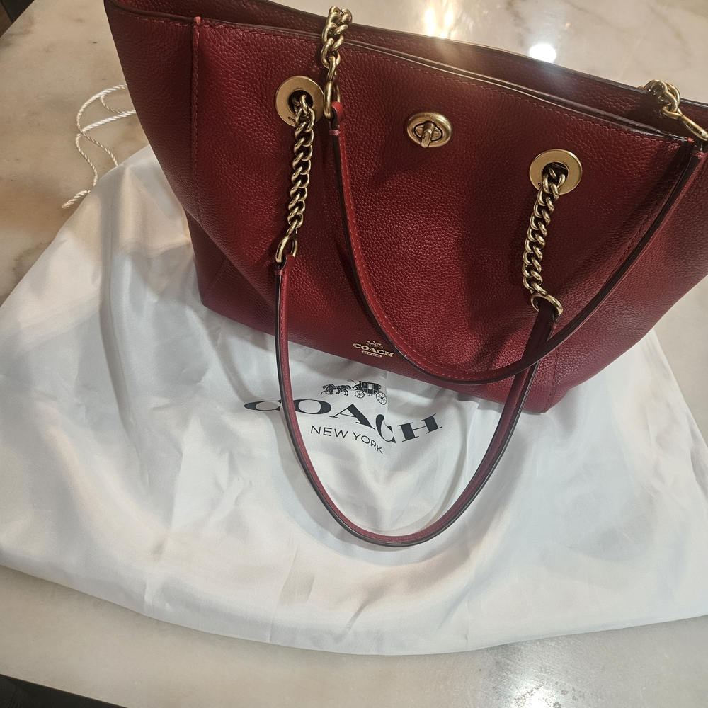 Coach Cherry Red Tote with Gold Accents